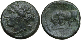 Sicily. Syracuse. Agathokles (317-289 B.C.). AE Hemilitron, c. 317-310 BC. Obv. Wreathed head of Persephone left; to right, bucranium. Rev. Bull charg...