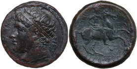 Sicily. Syracuse. Hieron II (275-215 BC). AE 27.5, c. 230-218/5 BC. Obv. Diademed head left. Rev. Warrior, holding couched lance, on horse prancing ri...