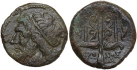 Sicily. Syracuse. Hieron II (275-215 BC). AE Litra, c. 240-215 BC. Obv. Diademed head of Poseidon left. Rev. Ornamented trident head flanked by two do...