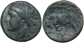 Sicily. Syracuse. Hieron II (274-215 BC). AE 20 mm. Obv. Head of Persephone left, wearing wreath of grain. Rev. Bull butting left; above, club; in exe...