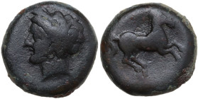 Punic Sardinia. AE Unit, c. 375-350 BC. Obv. Wreathed head of Triptolemos left, wearing circular earring. Rev. Rearing horse right. Lulliri pl. 23, 44...