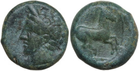 Punic Sardinia. AE Unit, c. 375-350 BC. Obv. Wreathed head of Triptolemos left, wearing circular earring. Rev. Rearing horse right. Lulliri pl. 23, 44...