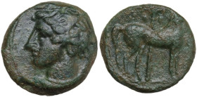Punic Sardinia. AE 15 mm, late 4th-early 3rd century BC. Obv. Head of Tanit left, wearing wreath of grain. Rev. Horse standing right in front of palm ...