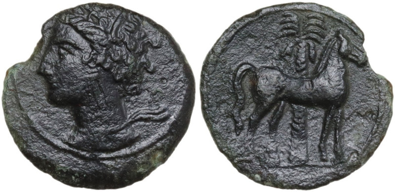 Punic Sardinia. AE 16 mm, late 4th-early 3rd century BC. Obv. Head of Tanit left...