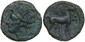 Punic Sardinia. AE 15 mm. c. 360-330 BC, uncertain mint. Obv. Wreathed head of Kore left, wearing triple-pendant earring. Rev. Horse standing right; i...