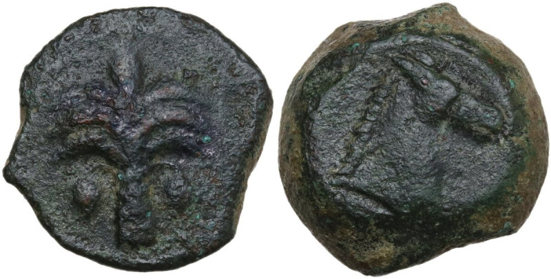 Punic Sardinia. AE 19.5 mm. c. 330-300 BC, uncertain mint. Obv. Palm tree with t...