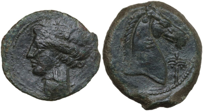 Punic Sardinia. AE 21 mm, 300-264 BC. Obv. Head of Tanit left, wearing wreath of...