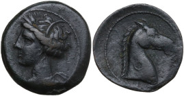 Punic Sardinia. AE 19.5 mm. Circa 300-264 BC. Uncertain mint. Obv. Wreathed head of Kore left, wearing triple-pendant earring. Rev. Horse's head right...