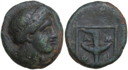 Continental Greece. Macedon, Amphipolis. AE 18 mm, circa 410-357 BC. Obv. Laureate head of Apollo. Rev. Ethnonym around race torch within linear squar...