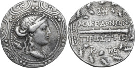 Continental Greece. Macedon. Roman Rule. AR Tetradrachm, c. 167-148 BC. Obv. Bust of Artemis right, bow and quiver over the shoulder, all in the centr...