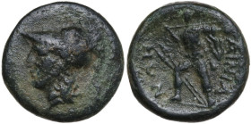 Continental Greece. The Ainians. Hypata. AE 14 mm. c. 302-286 BC. Obv. Head of Athena in Corinthian helmet left. Rev. ΑΙΝΙΑΝ/ΩN. Phemios as a slinger,...