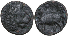 Continental Greece. Thessaly, Pherai. AE 18.50 mm., c. III century BC. Obv. Head of lion to right. Rev. Ennodia on horseback to left, seated facing, h...