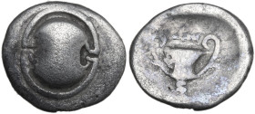 Continental Greece. Boeotia, Thebes. AR Hemidrachm, c. 425-375 BC. Obv. Boeotian shield. Rev. Kantharos; above, club right; Θ-EB flanking base; all wi...