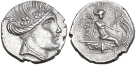 Continental Greece. Euboia, Histiaia. AR Tetrobol, c. 338-304 BC. Obv. Head of nymph right, wearing wreath. Rev. Nymph seated on vessel right. HGC 4 1...