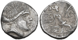 Continental Greece. Euboia, Histiaia. AR Tetrobol, c. 338-304 BC. Obv. Head of nymph right, wearing wreath. Rev. Nymph seated on vessel right. HGC 4 1...