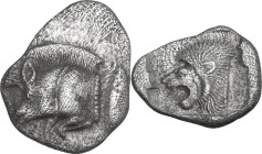 Greek Asia. Mysia, Kyzikos. AR Obol, c. 450-400 BC. Obv. Forepart of boar left; behind, tuna. Rev. Head of lion. SNG BN 369-370; SNG von Aulock 7331. ...