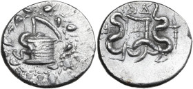 Greek Asia. Ionia, Ephesos. AR Cistophor, 132-67 BC. Obv. Cista mystica with snake, within wreath. Rev. Two snakes coiled; between, bow-case; to right...