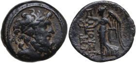 Greek Asia. Islands off Cilicia, Elaioussa Sebaste. AE 20 mm, c. 1st century BC. Obv. Diademed head of Zeus right; A behind. Rev. Nike advancing left,...