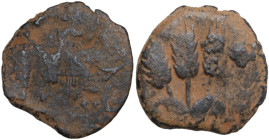 Greek Asia. Judaea. Agrippa I (37-44). AE Prutah, year 6 (41/42). Jerusalem mint. Obv. Umbrella-like canopy with fringes. Rev. 'Year 6'. Three ears of...