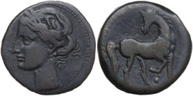 Africa. Zeugitania, Carthage. AE Reduced 1 1/2 Shekel, late 3rd-ealry 2nd century BC. Obv. Head of Tanit left, wearing wreath of grain. Rev. Horse sta...