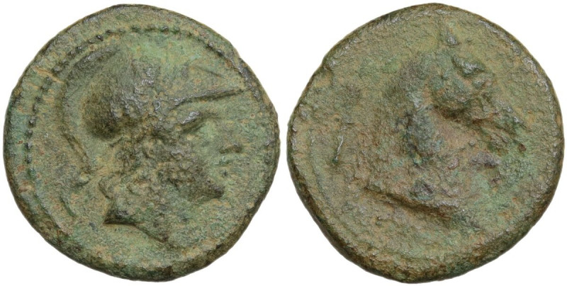 Anonymous sickle series. AE Litra, 241-235 BC. Obv. Helmeted head of Mars right....