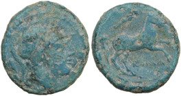 Anonymous club series. AE Litra, 230-226 BC. Obv. Helmeted head of beardless Mars right; behind, club. Rev. Horse galloping right; above, club; below,...