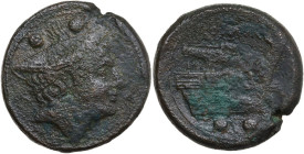 Anonymous. AE Sextans, 217-215 BC. Obv. Head of Mercury right, wearing winged petasos; above, two pellets. Rev. Prow right: below, two pellets. Cr. 38...