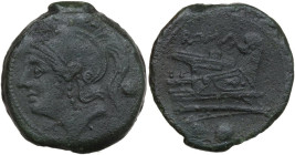 Anonymous. AE Uncia, 217-215 BC. Obv. Helmeted head of Roma left; behind, pellet. Rev. Prow right; below, pellet. Cr. 38/6. AE. 9.43 g. 26.00 mm. VF.