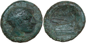 Anonymous. AE Semuncia, 217-215 BC. Obv. Head of Mercury right, wearing winged petasus. Rev. Prow right. Cr. 38/7. AE. 6.29 g. 21.00 mm. Dark green pa...