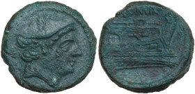 Anonymous. AE Semuncia, 217-215 BC. Obv. Head of Mercury right, wearing winged petasus. Rev. Prow right. Cr. 38/7. AE. 6.26 g. 21.00 mm. Bluish-green ...