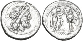 Anonymous. Victoriatus, uncertain Campanian mints, 215-211 BC. Obv. Laureate head of Jupiter right. Rev. Victory standing right, crowning trophy; in e...