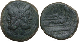 Anchor (first) series. AE As, 209-208 BC. Obv. Laureate head of Janus. Rev. Prow right; to right, anchor. Cr. 50/3. AE. 37.58 g. 34.60 mm. About VF.