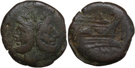 Anonymous. AE As, 211 BC. Obv. Laureate head of Janus. Rev. Prow right. Cr. 56/2. AE. 18.79 g. 31.00 mm. Good F.