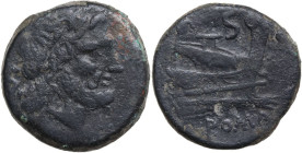 Anonymous. AE Semis, c. 211 BC. Obv. Laureate head of Saturn right. Rev. Prow right; above S. Cr. 56/3. AE. 21.28 g. 28.00 mm. Good F.