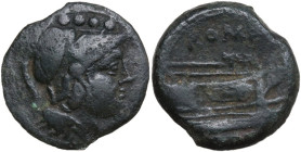 Anonymous light series. AE Triens, after 211 BC, Sardinia. Obv. Helmeted head of Minerva right; four pellets above. Rev. Prow right; ROMA above; four ...