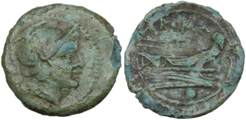 Anonymous (after 211 BC). AE Uncia. Obv. Helmeted head of Roma right, [pellet be...
