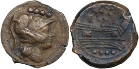 Victory light series. AE Triens. Central Italy, 211-208 BC. Obv. Helmeted head of Minerva right; above, four pellets. Rev. Prow right; above, Victory ...