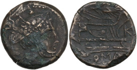Minturnae Second Punic War issue. Corn-ear and KA series. AE Sextans. Sicily, 207-206 BC. Obv. Head of Mercury right; above, two pellets. Rev. Prow ri...