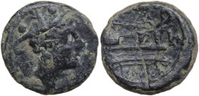 Corn-ear and KA series. AE Sextans. Sicily, 207-206 BC. Obv. Head of Mercury right; above, two pellets. Rev. Prow right; above, corn-ear; before, KA a...