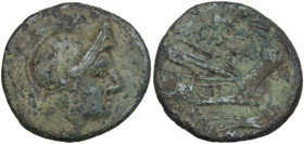 Anonymous. AE Uncia, uncertain mint in Sicily, 211-210 BC. Obv. Helmeted head of Roma right. Rev. Prow right; above, ear of grain. Cr. 72/9. AE. 4.72 ...