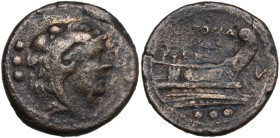 V series. AE Quadrans, Uncertain mint in Southeast Italy, 211-210 BC. Obv. Head of Hercules right, wearing lion's skin; behind, three pellets. Rev. Pr...