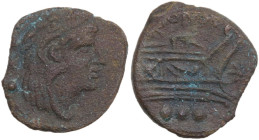 Non-RRC 113 star-before. AE Quadrans, c. 100-25(?) BC. Obv. Head of Hercules right, wearing lion's skin; behind, three pellets. Rev. ROMA. Prow right;...