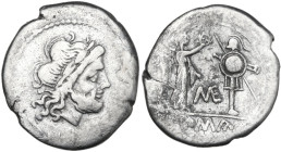 ME series. AR Victoriatus. Contemporary unofficial imitative issue, Sicily(?), c. 204 BC. Obv. Laureate head of Jupiter right. Rev. Victory standing r...