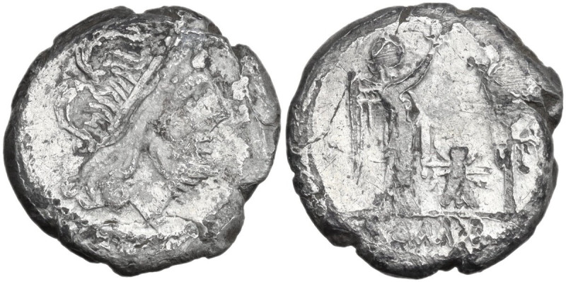 Fly series. AR Victoriatus, uncertain mint, 205 BC. Obv. Laureate head of Jupite...