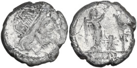 Fly series. AR Victoriatus, uncertain mint, 205 BC. Obv. Laureate head of Jupiter right. Rev. Victory standing right, crowning trophy; between, fly; i...