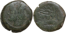Valerius (?). AE As, 169-158 BC. Obv. Laureate head of Janus. Rev. Prow right; above, VAL (ligate). Cr. 191/1. AE. 22.47 g. 31.00 mm. Good F/About VF.