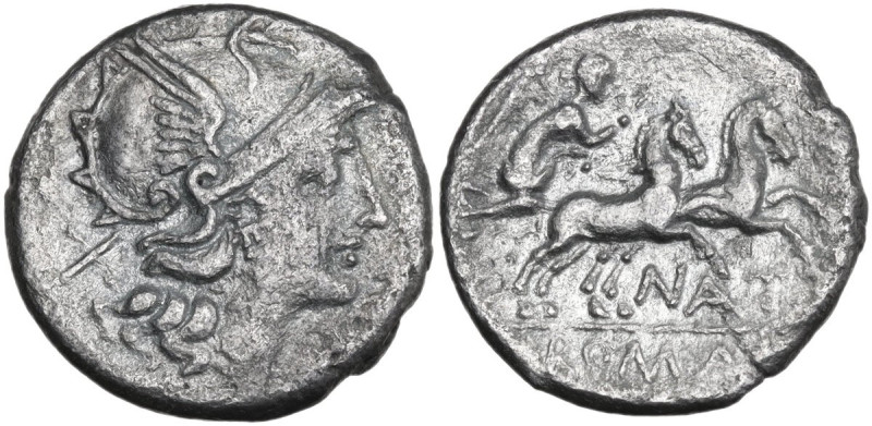 Pinarius Natta. Denarius, 155 BC. Obv. Helmeted head of Roma right; behind, X. R...