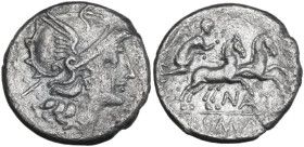 Pinarius Natta. Denarius, 155 BC. Obv. Helmeted head of Roma right; behind, X. Rev. Victory in biga right; below, NAT; in exergue, ROMA. Cr. 200/1; B....