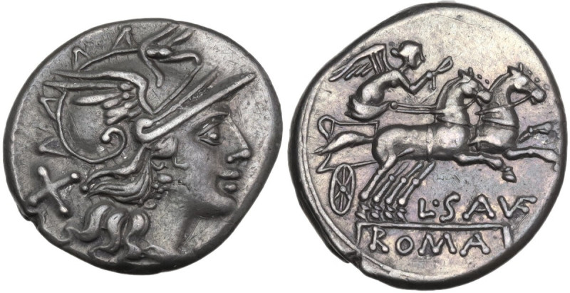 L. Saufeius. Denarius, 152 BC. Obv. Helmeted head of Roma right; behind, X. Rev....