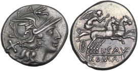 L. Saufeius. Denarius, 152 BC. Obv. Helmeted head of Roma right; behind, X. Rev. Victory in biga right; below, L·SAVF (VF ligate); in exergue or in li...